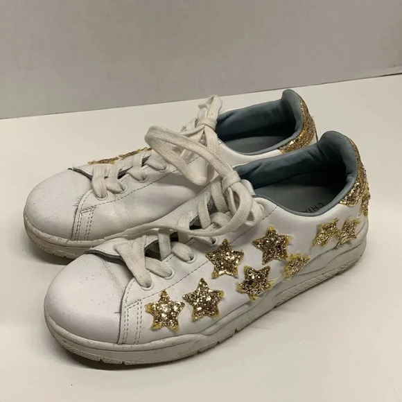 Chiara Ferragni Roger Sneakers Shoes Gold Glitter Stars White Leather Lace Up 37 - Picture 5 of 10